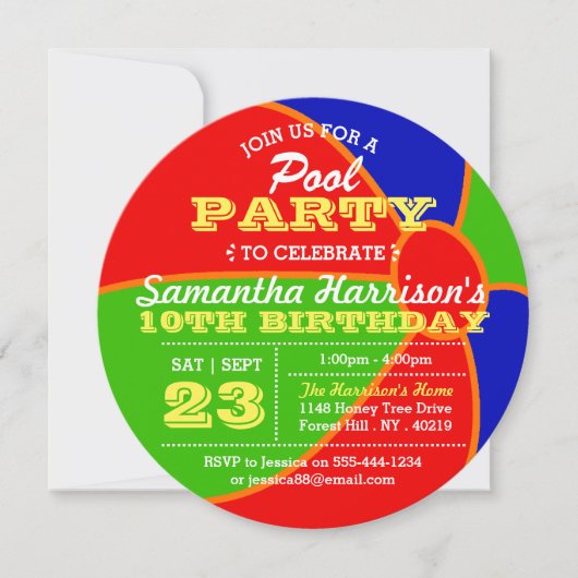 おもしろい夏ビーチボールプールパーティー任意の年齢誕生日 招待状 (正面)