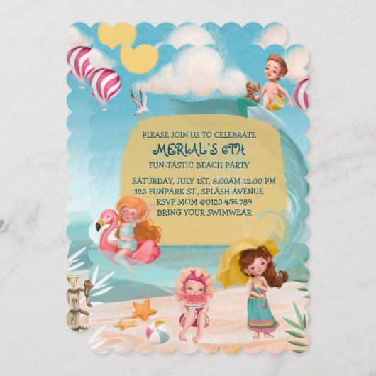 おもしろい夏ビーチ誕生日パーティーへの招待 招待状 (正面/裏面)