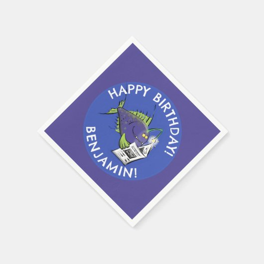 おもしろい天使の魚の漫画のパーソナライズされた誕生日 スタンダードカクテルナプキン (角)