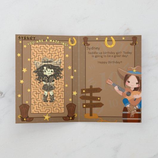 おもしろい女の子あなたが迷路の女性のカーボーイ誕生日カード カード (内部)