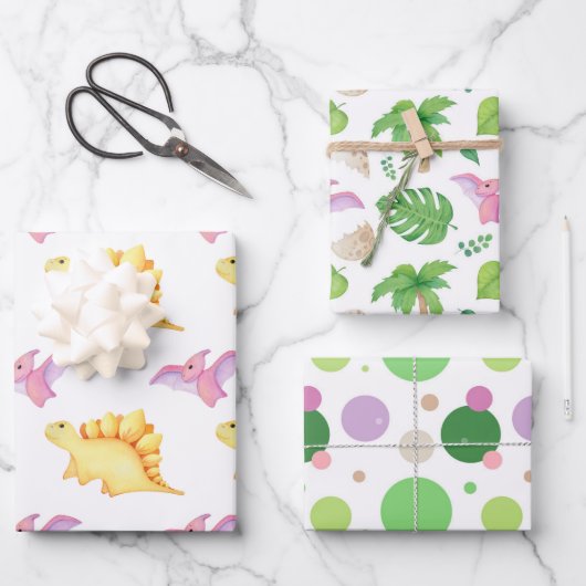 おもしろい女の子パーティー恐竜のドット行かわいい子供 ラッピングペーパーシート (正面)