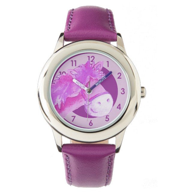 おもしろい女の子ポニーあなたの名前の腕時計を追加 腕時計 (正面)