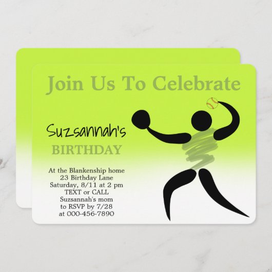 おもしろい女子ソフトボカスタムール誕生日パーティー招待 招待状 (正面/裏面)