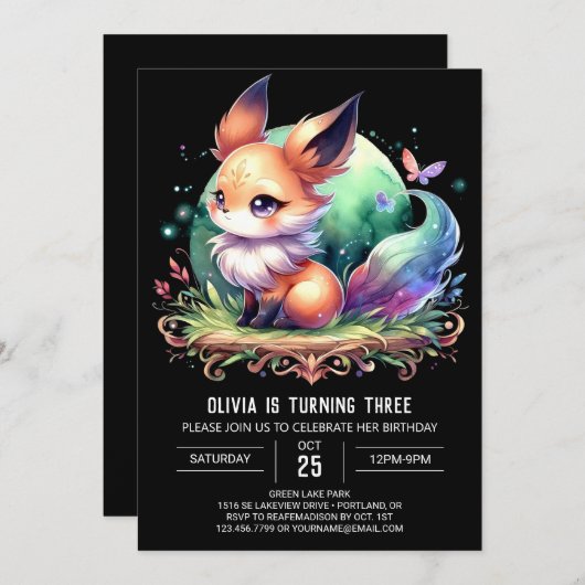 おもしろい威厳のあるキツネ誕生日デジタル 招待状 (正面/裏面)