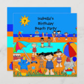 おもしろい子供の誕生日パーティービーチパーティー 招待状 (正面/裏面)