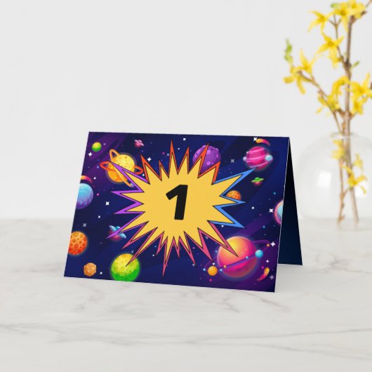 おもしろい宇宙の惑星の名前を追加Kids 1st誕生日 カード (黄色い花)