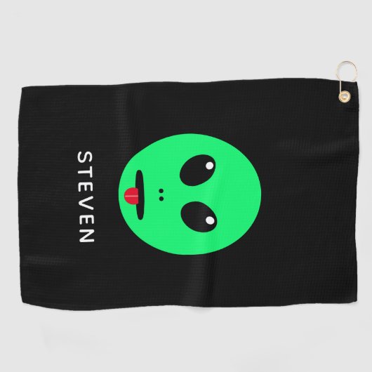 おもしろい宇宙エイリアンヘッドブラックグリーン ゴルフタオル (横)