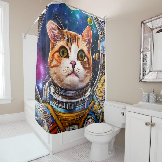 おもしろい宇宙猫宇宙飛行士 シャワーカーテン (インサイチュ)