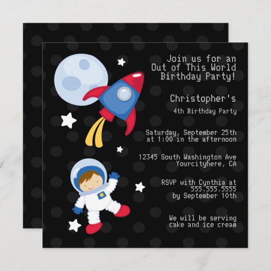 おもしろい宇宙飛行士の誕生日パーティーへの招待 招待状 (正面/裏面)