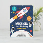 おもしろい宇宙飛行士、かわいいキッズファースト誕生日 招待状 (スタンド正面)
