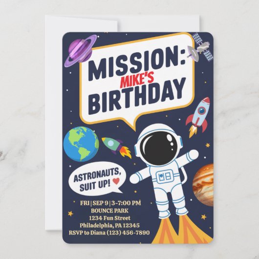 おもしろい宇宙飛行士、かわいいキッズファースト誕生日 招待状 (正面)