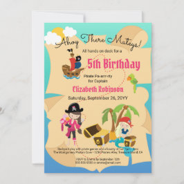 おもしろい宝地図ピンク海賊少女バースデーパーティー 招待状