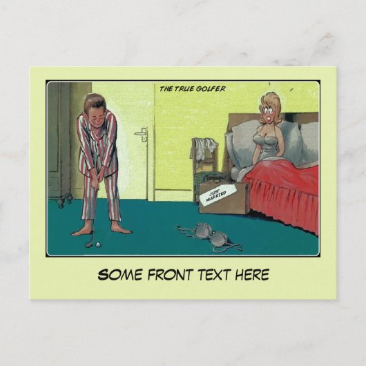 おもしろい実質のゴルファー、たった今結婚しました 案内ポストカード (正面)