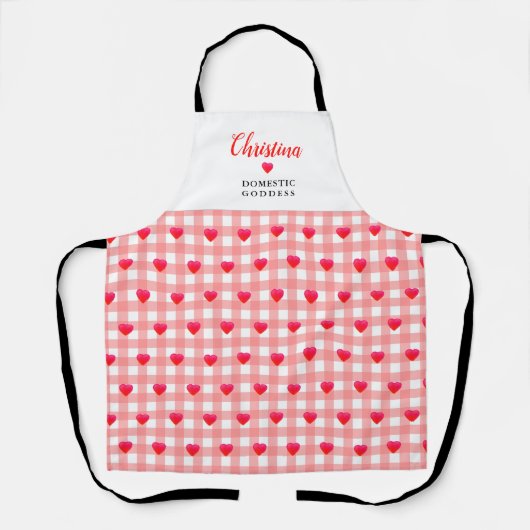 おもしろい家庭の女神名ピンクかわいらしハートチェック エプロン (正面)