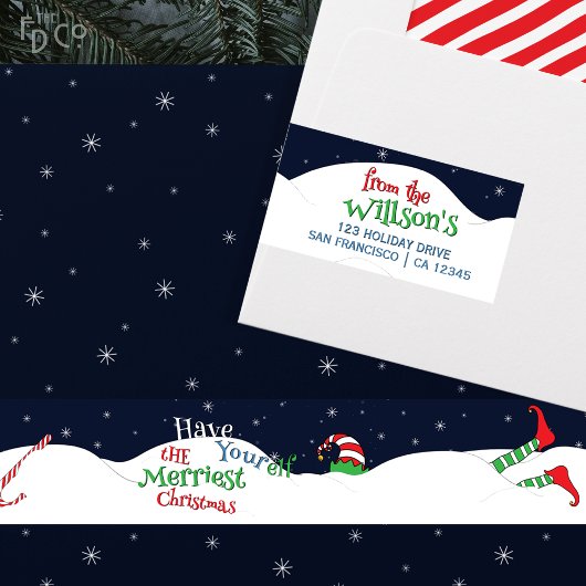 おもしろい小妖精や小人のクリスマススノークラッシュランディングを持つ ラップアラウンドラベル