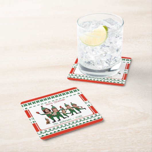 おもしろい小妖精や小人犬のパターンを含む6人の家族 スクエアペーパーコースター (インサイチュ)