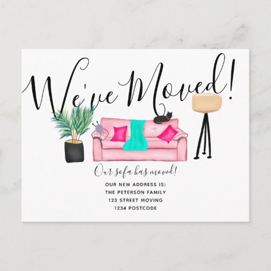 おもしろい居間イラストレーション引っ越し案内 案内ポストカード (正面)