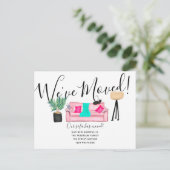 おもしろい居間イラストレーション引っ越し案内 案内ポストカード (スタンド正面)