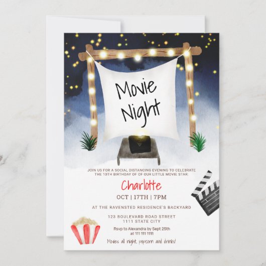 おもしろい屋外バックヤード映画ナイト子供の誕生日 招待状 (正面)