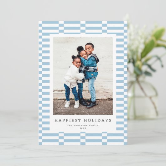 おもしろい市松模様にカスタマイズ可能なカラー1フォトLTブルー シーズンカード (スタンド正面)