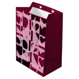 おもしろい市松模様にハートソフトピンクとワインレッド ミディアムペーパーバッグ