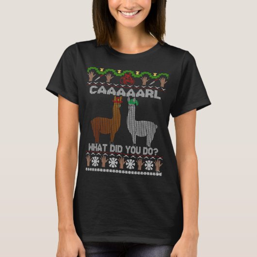 おもしろい帽子のラマはクリスマスのカールを見て何をした Tシャツ (正面)