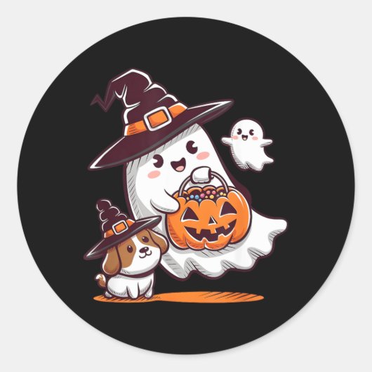 おもしろい幽霊が歩く犬 怖い季節 ハロウィン ラウンドシール (正面)