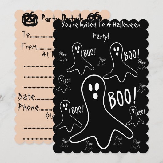 おもしろい幽霊が「boo!」と叫ぶ黒いハロウィンパーティー 招待状 (正面/裏面)