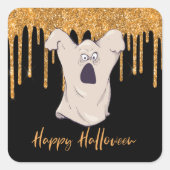 おもしろい幽霊オレンジグリッターハロウィーン スクエアシール (正面)