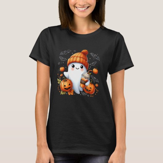 おもしろい幽霊コーヒハロウィーンのカボチャのちょうちん不気味シーズンハ Tシャツ (正面)