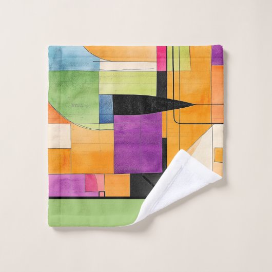 おもしろい幾何学的抽象芸術(オレンジ、緑、紫) バスタオルセット (ウォッシュタオル)