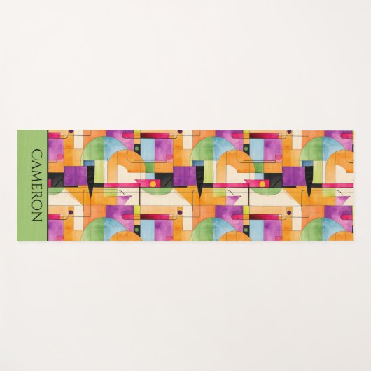 おもしろい幾何学的抽象芸術(オレンジ、緑、紫) ヨガマット (正面(横))