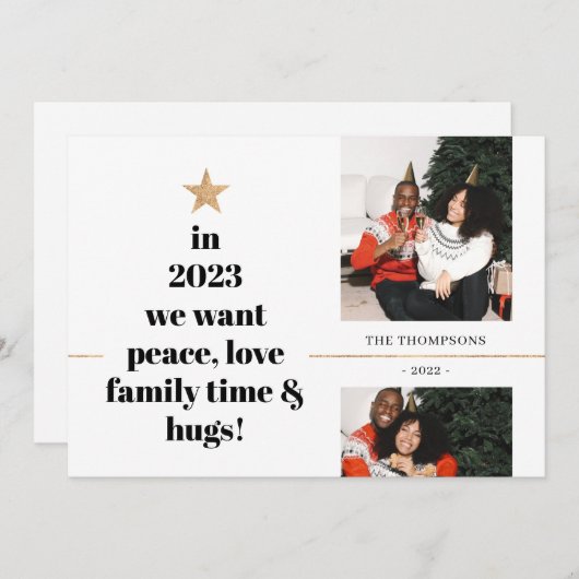 おもしろい引用文ファミリーフォトミニマル金ゴールドグリッター シーズンカード (正面/裏面)