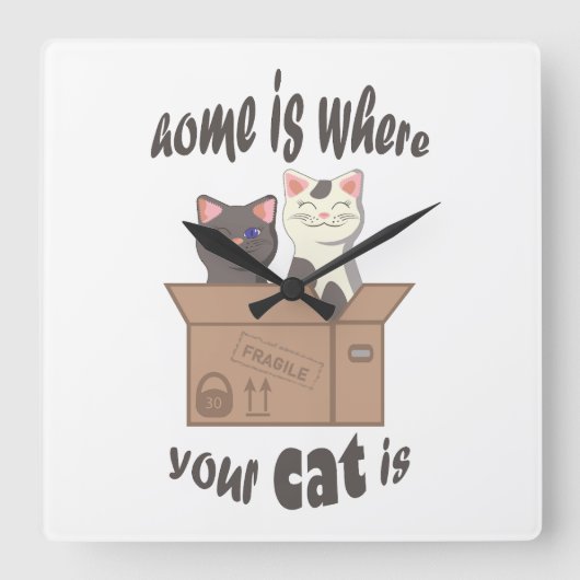 おもしろい引用文ホームは猫がいる場所 スクエア壁時計 (正面)