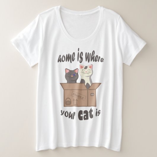 おもしろい引用文ホームは猫がいる場所 プラスサイズTシャツ (デザイン正面)