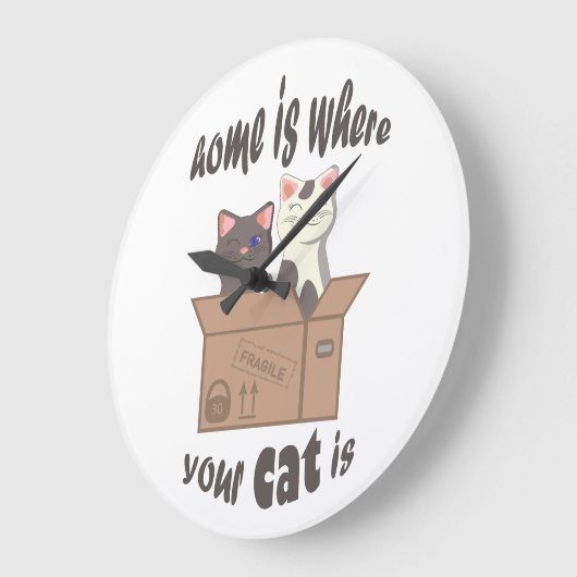 おもしろい引用文ホームは猫がいる場所 ラージ壁時計 (傾斜)