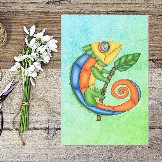 おもしろい微笑みトカゲ明るい色の葉ブルーグリーン 薄葉紙