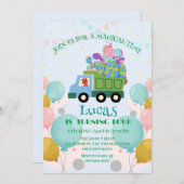 おもしろい恐竜ごみトラック誕生日パーティー名 シーズンカード (正面/裏面)