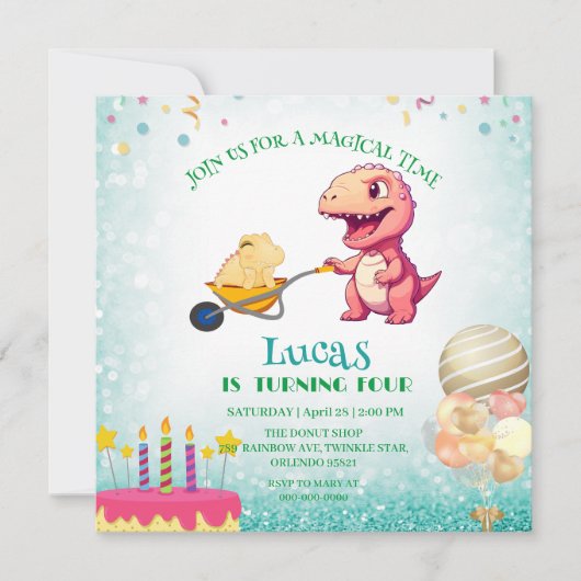 おもしろい恐竜のストローのカート誕生日パーティーDIY名 招待状 (正面)