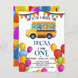 おもしろい恐竜のバックトゥスクールバスの少年誕生日 ポストカード