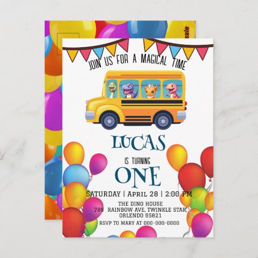 おもしろい恐竜のバックトゥスクールバスの少年誕生日 ポストカード (正面/裏面)