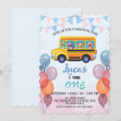 おもしろい恐竜のバックトゥスクールバスの少年誕生日 招待状 (正面/裏面)