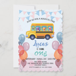 おもしろい恐竜のバックトゥスクールバスの少年誕生日 招待状