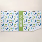 おもしろい恐竜のブルースとグリーン ビーチタオル (正面)