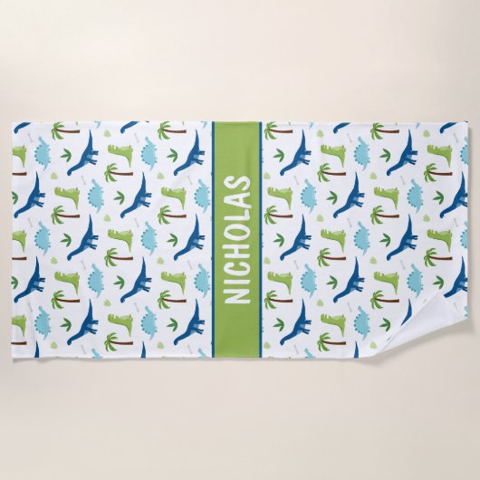 おもしろい恐竜のブルースとグリーン ビーチタオル (正面)
