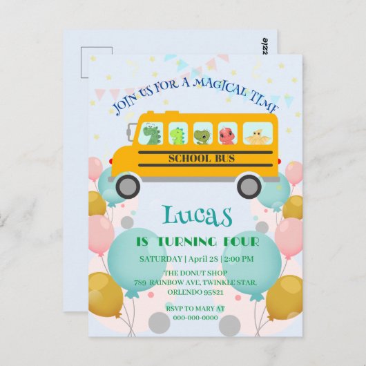 おもしろい恐竜の学校バスの誕生日パーティーのDIYネーム ポストカード (正面/裏面)