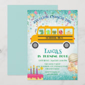 おもしろい恐竜の学校バス誕生日パーティーDIY名前 招待状 (正面/裏面)