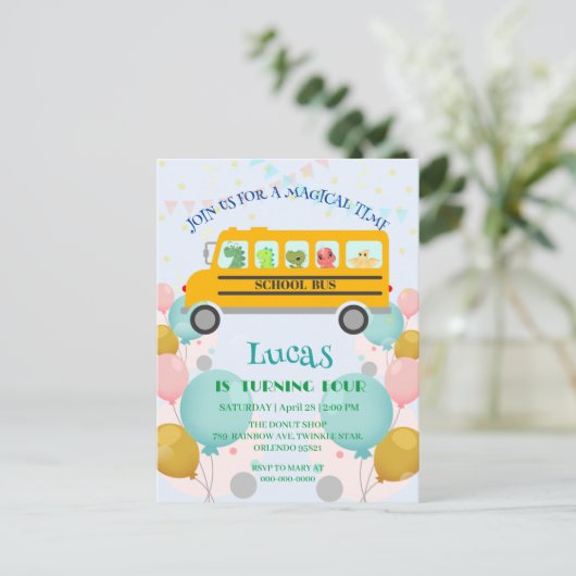 おもしろい恐竜の学校バス 誕生日パーティ DIY 名前 ポストカード (スタンド正面)