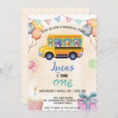 おもしろい恐竜の新学期バスの少年誕生日 招待状 (正面/裏面)