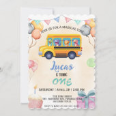 おもしろい恐竜の新学期バスの少年誕生日 招待状 (正面)